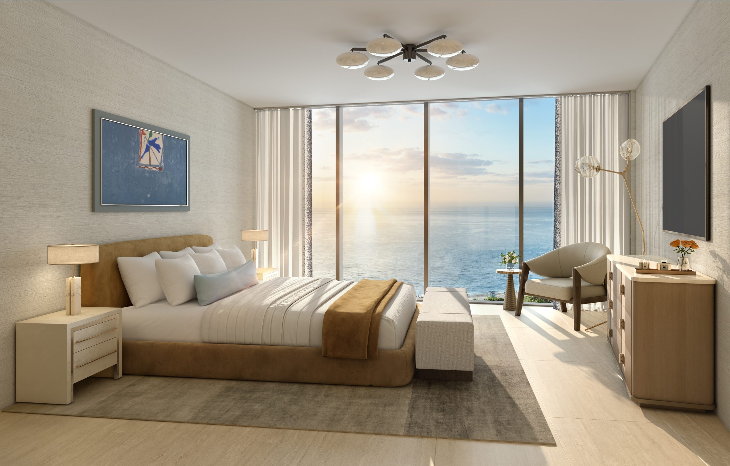 Primary bedroom with ocean view at W Pompano Beach, new condos in Pompano Beach
