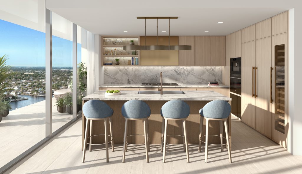 Modern kitchen in a new construction condo at W Hotel Residences Pompano Beach