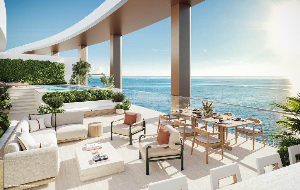 W Pompano Beach penthouse living room opening to a wraparound terrace