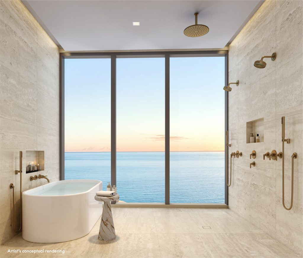 W Pompano Beach penthouse primary bathroom with soaking tub and ocean view
