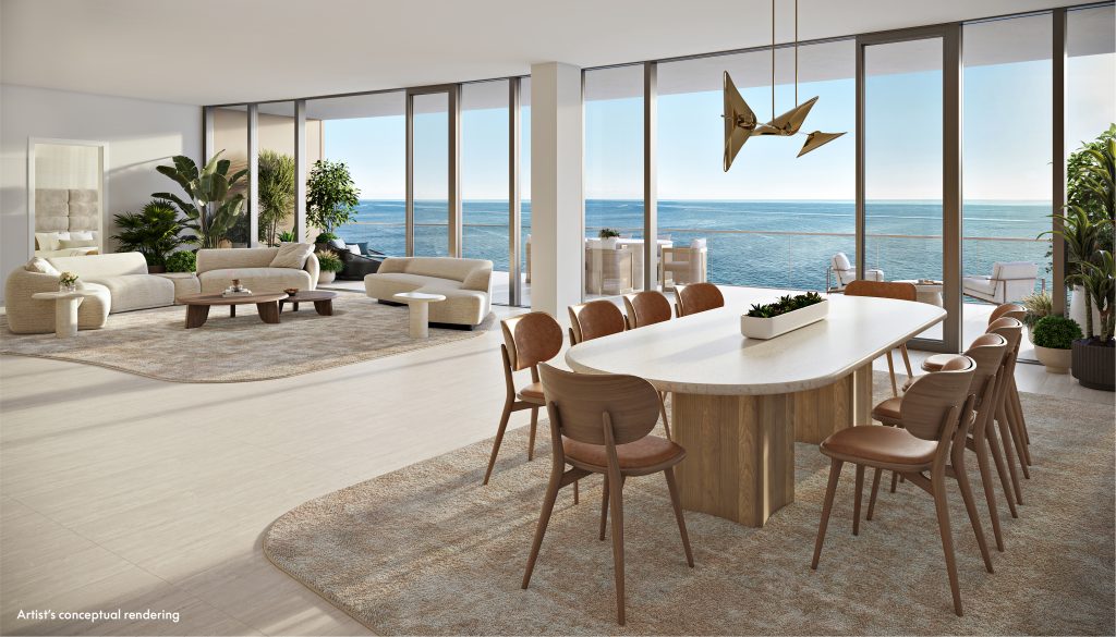 W Pompano Beach penthouse dining room with floor-to-ceiling ocean views
