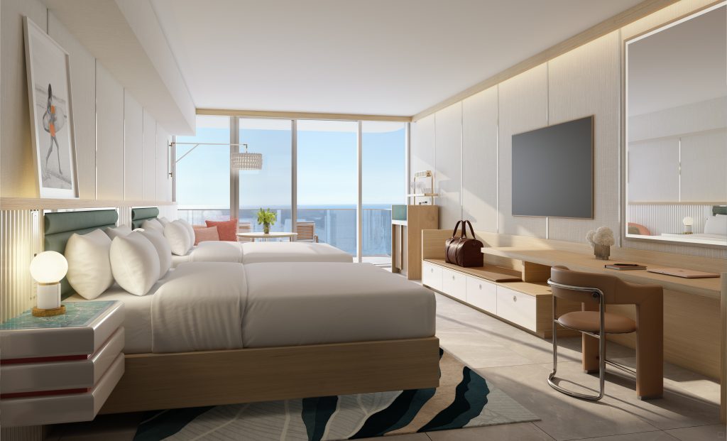 W Pompano Beach condo-hotel Suite bedroom with floor-to-ceiling windows and ocean view