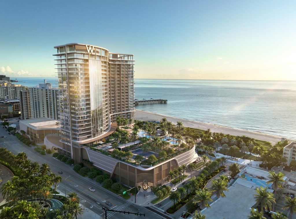 W Hotel Residences Pompano Beach prices: aerial rendering of the oceanfront tower oceanfront tower with rooftop gardens, pool deck and the Pompano Beach pier