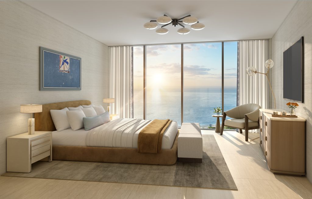 Primary bedroom with ocean view at W Pompano Beach, new condos in Pompano Beach