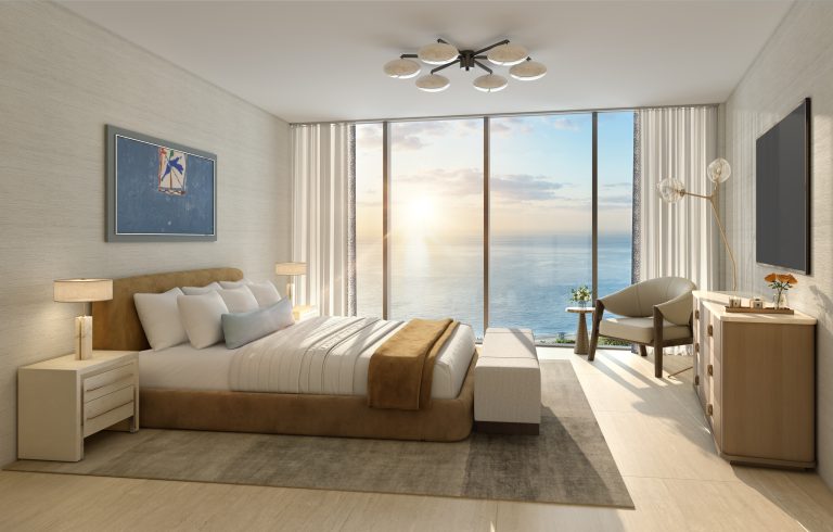 Residences Bedroom Final Primary bedroom with ocean view at W Pompano Beach, new condos in Pompano Beach