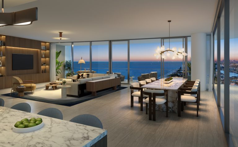 Residences Living Room View 1 Final Open-plan living and dining room in a W Pompano Beach Residence with floor-to-ceiling ocean views at sunset